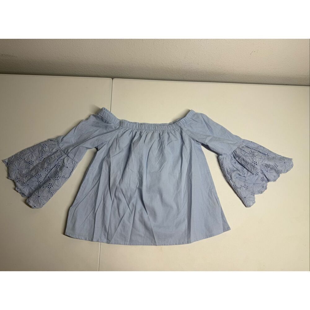 NWT No Comment Girls Cotton Sky Blue Open Shoulder Blouse Eyelet Trim Sz XL 16